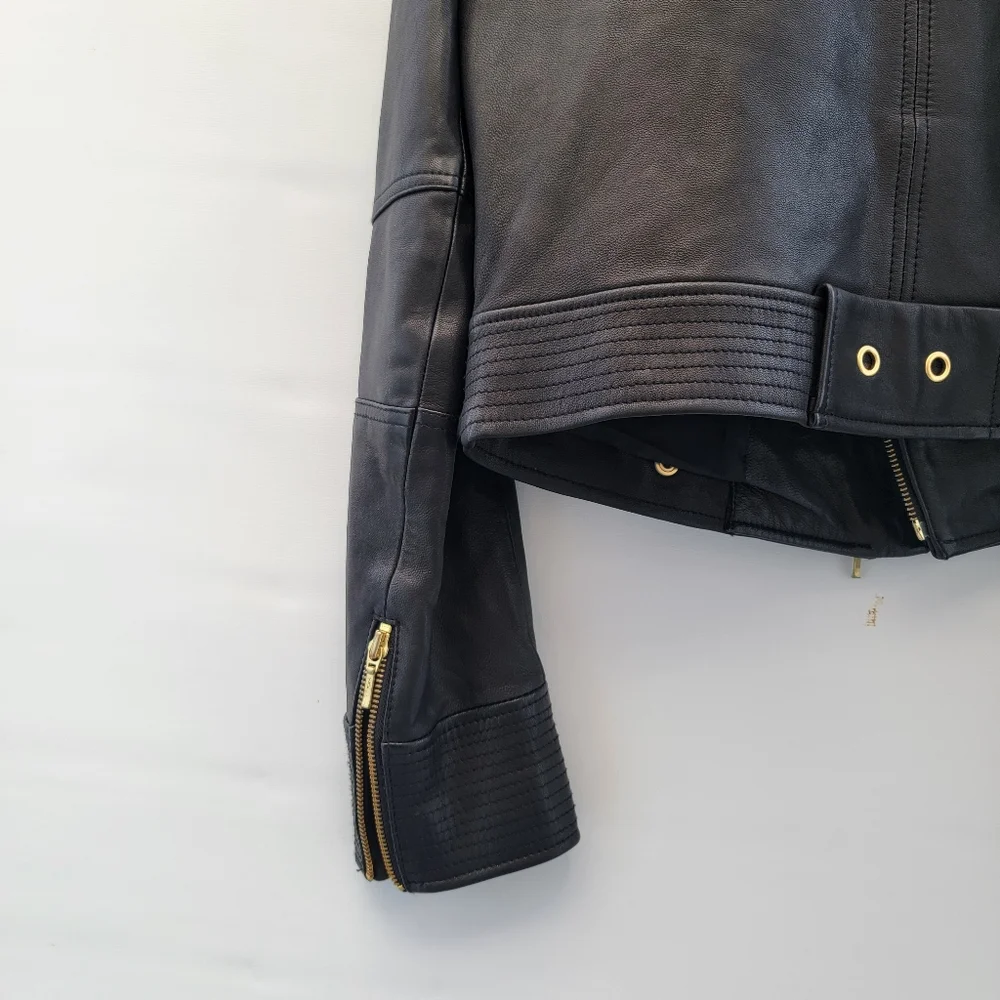 Truth+Pride Black Leather Moto Jacket Size Large Minimalist Classic Gold Neutral - Picture 12 of 16